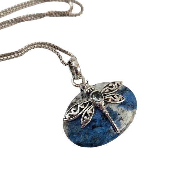 Blue azurite dragonfly pendant necklace + 925 sterling silver chain - Picture 13 of 13